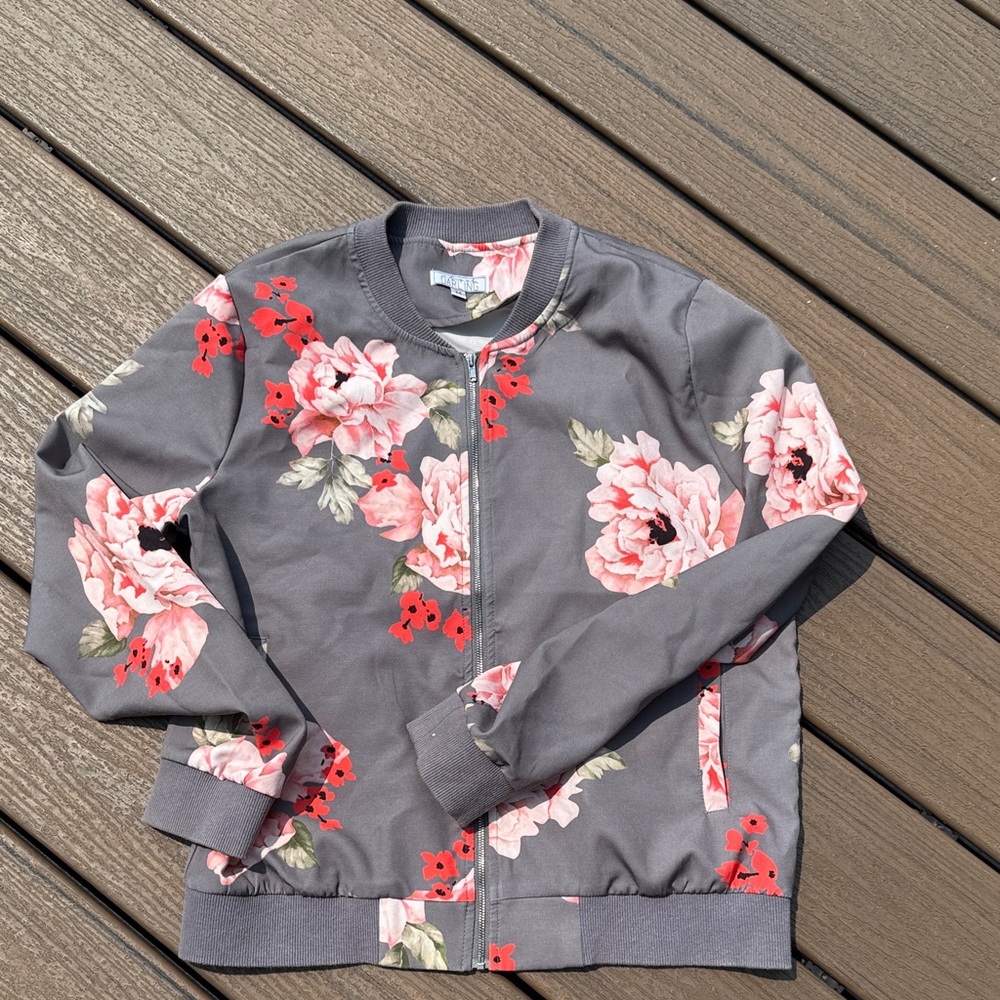Darling Gray and Pink Floral Jean Jacket